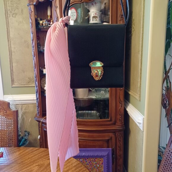 Vintage Black Crocodile Coquette Mini Messenger Bag w/ Baby Pink Twilly - Picture 3 of 15